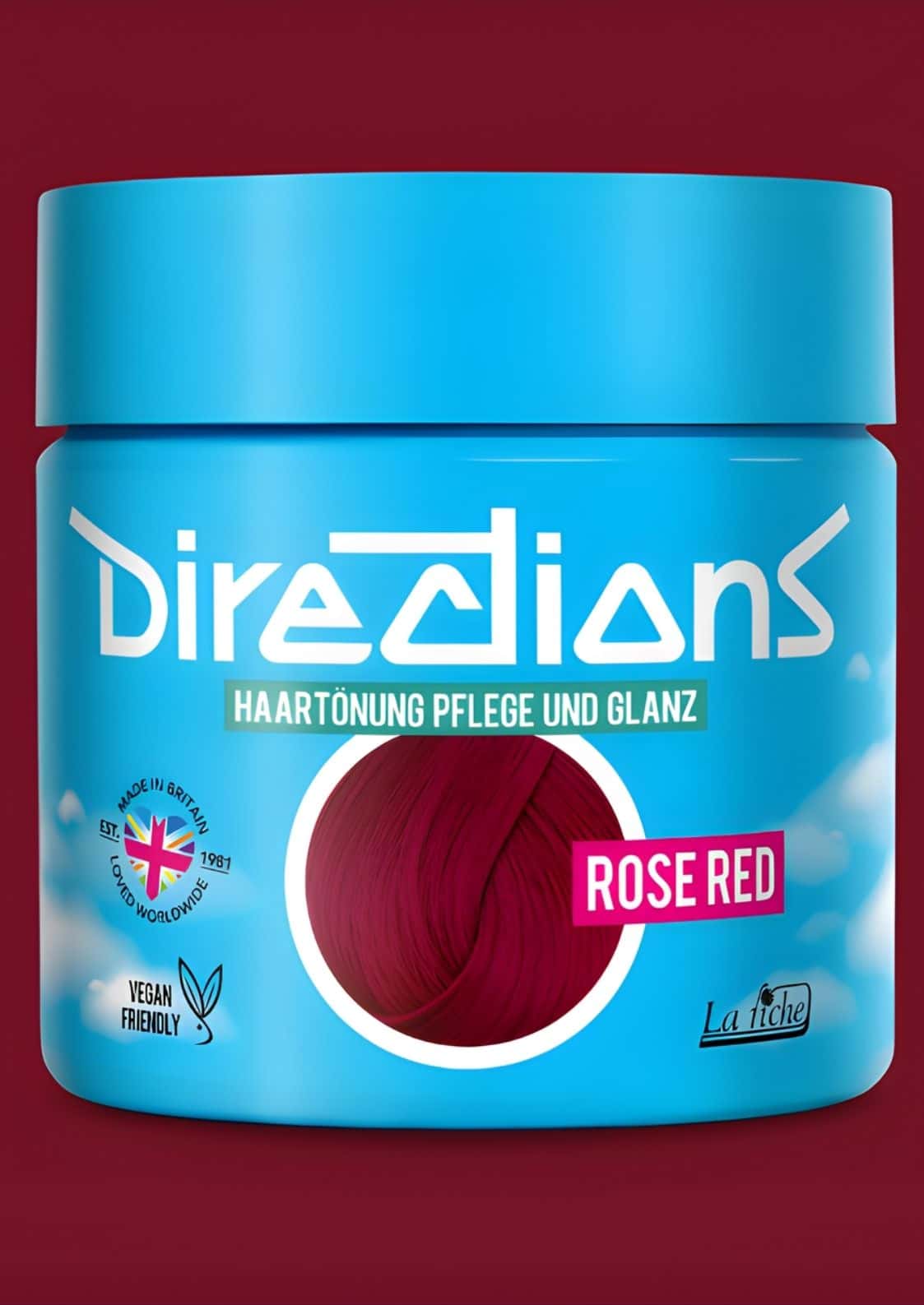 Ein leuchtend blauer zylinderförmiger behälter directions rose red haartönung 100ml mit rot-magenta haarfarbe sichtbar